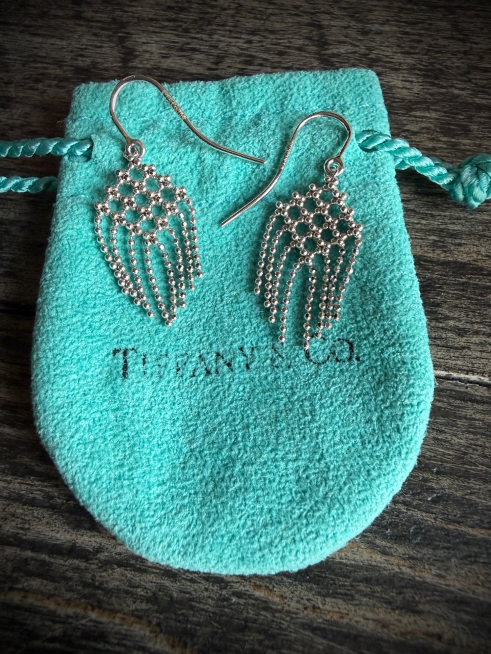 RARE & RETIRED Authentic Tiffany & Co. 18K White Gold Fringe Earrings w pouch